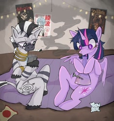 Size: 1879x2000 | Tagged: safe, artist:raventhelemon, derpibooru import, twilight sparkle, twilight sparkle (alicorn), zecora, alicorn, pony, zebra, bong, drug use, drugs, duo, female, joint, marijuana, smoking