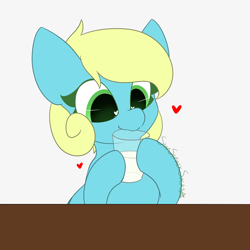 Size: 1500x1500 | Tagged: safe, artist:starstrucksocks, derpibooru import, oc, oc only, oc:misty dancer, pegasus, pony, cute, drink, drinking, eyes open, gray background, green eyes, heart, milk, pegasus oc, simple background