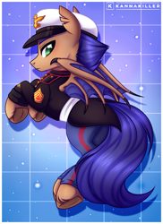 Size: 2007x2750 | Tagged: safe, artist:nekomellow, derpibooru import, oc, oc only, oc:distant echo, bat pony, pony, bat wings, blue mane, blue tail, brown coat, claws, clothes, colored background, green eyes, male, marines, ponyvania, posing for photo, solo, stallion, tail, uniform, wing claws, wings