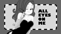 Size: 1280x720 | Tagged: safe, artist:flutteryaylove, derpibooru import, edit, edited edit, rarity, human, black and white, grayscale, humanized, monochrome, simple background, text