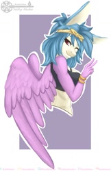 Size: 825x1275 | Tagged: safe, artist:inkkeystudios, derpibooru import, oc, oc only, anthro, pegasus, bandana, clothes, lidded eyes, looking at you, one eye closed, peace sign, smiling, solo, spread wings, tanktop, wings, wink, winking at you