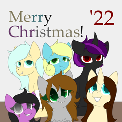 Size: 2000x2000 | Tagged: safe, artist:starstrucksocks, derpibooru import, oc, oc only, oc:card toss, oc:servus, oc:sweet cheeks, earth pony, pegasus, pony, unicorn, blue eyes, christmas, cute, earth pony oc, green eyes, group, holiday, horn, pegasus oc, red eyes, scar, unicorn oc