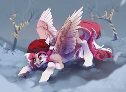 Size: 1280x930 | Tagged: safe, artist:s'kostral, derpibooru import, oc, insect, ladybug, pegasus, pony, christmas, christmas lights, face down ass up, holiday, ice, pegasus oc, playful, snow, spread wings, tree, wings, winter