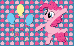 Size: 2560x1600 | Tagged: safe, artist:alicehumansacrifice0, artist:kooner-cz, artist:ooklah, derpibooru import, edit, pinkie pie, earth pony, pony, abstract background, cupcake, cutie mark, female, food, jumping, looking down, mare, smiling, solo, spread hooves, wallpaper, wallpaper edit