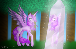 Size: 1024x667 | Tagged: safe, artist:firedragonmoon15, derpibooru import, oc, alicorn, pony, crystal, cutie mark, forest, looking at self, pink coat, pink eyes, pink mane, pink tail, raised hoof, raised leg, solo, sparks, spread wings, standing, tail, wings