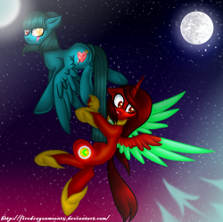 Size: 600x597 | Tagged: safe, artist:firedragonmoon15, derpibooru import, oc, oc:phoenix scarletruby, alicorn, pony, brown mane, brown tail, colored wings, cutie mark, flying, full moon, holding onto someone, hoof shoes, jewelry, looking down, mint wings, moon, necklace, night, night sky, red coat, red wings, scared, sky, spear, spread wings, starry background, tail, two toned wings, weapon, wings