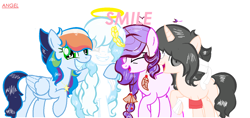 Size: 1356x640 | Tagged: safe, artist:magicangelstarartist, artist:niightlydark, derpibooru import, oc, oc only, earth pony, pegasus, unicorn, base used, halo, look-alike, many many pony, meme, smiling, text