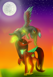 Size: 914x1308 | Tagged: safe, artist:firedragonmoon15, derpibooru import, oc, oc:phoenix scarletruby, alicorn, pony, boop, brown mane, brown tail, colored wings, cutie mark, eyes closed, flying, full moon, hoof shoes, jewelry, mint wings, moon, necklace, night, night sky, red coat, red wings, sky, smiling, tail, two toned wings, walking, wings