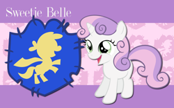 Size: 2560x1600 | Tagged: safe, artist:alicehumansacrifice0, artist:atomicgreymon, artist:ryanthebrony, derpibooru import, edit, sweetie belle, pony, unicorn, abstract background, cutie mark, cutie mark crusaders patch, female, filly, foal, looking up, name, open mouth, open smile, smiling, solo, wallpaper, wallpaper edit