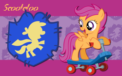 Size: 2560x1600 | Tagged: safe, artist:alicehumansacrifice0, artist:atomicgreymon, artist:moongazeponies, derpibooru import, edit, scootaloo, pegasus, pony, abstract background, cutie mark, cutie mark crusaders patch, female, filly, foal, looking sideways, name, open mouth, open smile, riding, scooter, smiling, solo, spread wings, wallpaper, wallpaper edit, wings