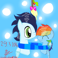 Size: 768x768 | Tagged: safe, artist:magicangelstarartist, derpibooru import, rainbow dash, soarin', clothes, duo, facing each other, female, holly, holly mistaken for mistletoe, male, scarf, shipping, simple background, soarindash, straight