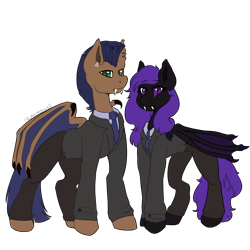 Size: 2000x2000 | Tagged: safe, artist:frazy, derpibooru import, oc, oc:distant echo, oc:night shimmer, bat pony, pony, bat wings, black coat, blue mane, blue tail, brown coat, claws, clothes, duo, ear fluff, ears, fangs, female, folded wings, green eyes, looking at you, male, mare, necktie, purple eyes, purple mane, purple tail, stallion, suit, tail, wing claws, wings