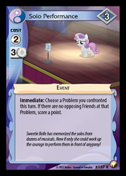 Size: 344x480 | Tagged: safe, derpibooru import, sweetie belle, bloom and gloom, ccg, enterplay, equestrian odysseys, merchandise, microphone, solo, spotlight, stage