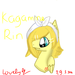 Size: 768x768 | Tagged: safe, artist:magicangelstarartist, derpibooru import, pegasus, bandana, bust, crossover, kagamine rin, simple background, solo, text