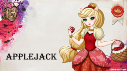 Size: 1920x1080 | Tagged: safe, artist:facja, derpibooru import, applejack, anthro, apple, apple white, breasts, ever after high, food