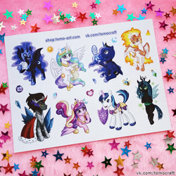 Size: 800x800 | Tagged: safe, artist:facja, derpibooru import, daybreaker, king sombra, nightmare moon, princess cadance, princess celestia, princess luna, queen chrysalis, shining armor, alicorn, changeling, changeling queen, royal sisters, siblings, sisters, sticker, sticker pack