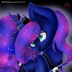 Size: 894x894 | Tagged: safe, artist:firedragonmoon15, derpibooru import, princess luna, alicorn, blue coat, crown, cyan eyes, ethereal mane, gradient background, horn, jewelry, necklace, regalia, starry eyes, violet coat, wingding eyes