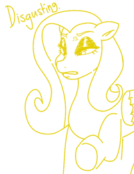 Size: 570x737 | Tagged: safe, artist:rawmel, derpibooru import, fluttershy, pegasus, pony, digital art, disgusted, eyeshadow, female, fluttershy is not amused, fluttertroll, looking down, makeup, mare, monochrome, simple background, solo, unamused, white background