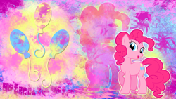 Size: 2560x1440 | Tagged: safe, artist:skrayp, derpibooru import, pinkie pie, earth pony, pony, abstract background, cutie mark, female, hexagon, looking sideways, mare, name, open mouth, open smile, paint splatter, raised hoof, raised leg, smiling, solo, wallpaper