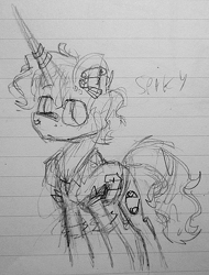 Size: 489x645 | Tagged: safe, artist:artflicker, derpibooru import, pokey pierce, pony, unicorn, clothes, ear piercing, earring, horn, horn ring, jacket, jewelry, lined paper, male, pencil drawing, piercing, ring, sketch, solo, stallion, traditional art