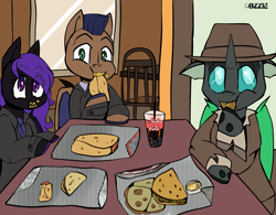 Size: 1926x1500 | Tagged: safe, artist:cosmiclitgalaxy, derpibooru import, oc, oc:closed case, oc:distant echo, oc:night shimmer, bat pony, changeling, pony, burrito, detective, female, food, friends, hat, lunch, male, mare, nuka cola, stallion, taco, taco bell, trio