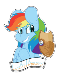 Size: 600x778 | Tagged: safe, artist:eivilpotter, derpibooru import, rainbow dash, pegasus, pony, bust, element of loyalty, female, mare, netitus, shield, simple background, solo, transparent background