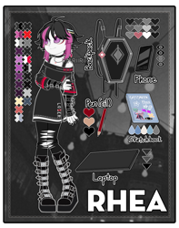 Size: 793x1008 | Tagged: safe, artist:masem, artist:riariirii2, derpibooru import, oc, oc only, oc:rhea, equestria girls, bag, base used, belt, book, boots, cellphone, choker, clothes, cute, ear piercing, earring, female, freckles, goth, jewelry, nail polish, necklace, notebook, pencil, phone, piercing, reference sheet, ripped stockings, shirt, shoes, skirt, smartphone, socks, solo, stockings, thigh highs, torn clothes, torn socks