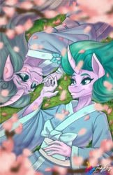 Size: 792x1224 | Tagged: safe, artist:inkkeystudios, derpibooru import, mistmane, anthro, unicorn, cherry blossoms, curved horn, duality, flower, flower blossom, horn, smiling