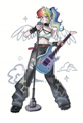 Size: 1429x2102 | Tagged: safe, artist:leiyezhongma1, derpibooru import, rainbow dash, human, electric guitar, guitar, humanized, microphone, microphone stand, musical instrument, simple background, solo, white background