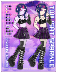 Size: 790x1012 | Tagged: safe, artist:riariirii2, derpibooru import, twilight sparkle, human, equestria girls, alternate hairstyle, belt, boots, bra, choker, clothes, deviantart watermark, e-girl, ear piercing, earring, eyeshadow, female, fishnets, goth, humanized, jewelry, makeup, midriff, necklace, obtrusive watermark, piercing, reference sheet, shoes, short hair, skirt, solo, stockings, tattoo, thigh highs, underwear, watermark