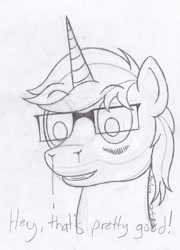 Size: 1150x1600 | Tagged: safe, artist:xyclone, derpibooru import, oc, oc only, oc:xyclone, pony, unicorn, blushing, glasses, male, monochrome, signature, sketch, solo