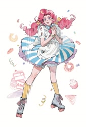 Size: 1429x2102 | Tagged: safe, artist:leiyezhongma1, derpibooru import, pinkie pie, human, cake, clothes, dress, food, humanized, simple background, solo, white background