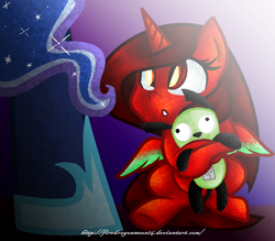 Size: 658x577 | Tagged: safe, artist:firedragonmoon15, derpibooru import, princess luna, oc, oc:phoenix scarletruby, alicorn, pony, brown mane, brown tail, children of the night, colored wings, gradient background, hugging a plushie, looking at someone, looking up, mint wings, plushie, red coat, red wings, surprised, tail, two toned wings, wings