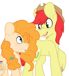 Size: 855x934 | Tagged: safe, artist:eivilpotter, derpibooru import, bright mac, pear butter, colored, couple, duo, flat colors, freckles, hat, looking at each other, looking at someone, simple background, smiling