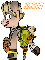 Size: 976x1300 | Tagged: safe, artist:eivilpotter, derpibooru import, oc, oc only, camouflage, crossover, grin, junkrat, looking at you, overwatch, simple background, smiling, solo, text, weapon