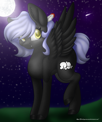 Size: 1341x1599 | Tagged: safe, artist:firedragonmoon15, derpibooru import, oc, pegasus, pony, black coat, black wings, cutie mark, fangs, feather, feather in hair, feathered wings, full moon, golden eyes, moon, night, night sky, raised hoof, raised leg, shooting star, sky, smiling, standing, wings