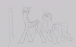 Size: 3000x1833 | Tagged: safe, artist:astr0zone, derpibooru import, twilight sparkle, twilight sparkle (alicorn), alicorn, pony, doorway, duo, duo female, female, fetish, gray background, grayscale, long legs, long neck, looking at each other, looking at someone, mare, monochrome, simple background, sketch, walking