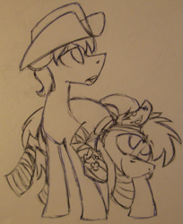 Size: 433x530 | Tagged: safe, artist:artflicker, derpibooru import, bandage pony, earth pony, pony, bandage, cowboy hat, duo, hat, male, monochrome, ponies riding ponies, riding, sketch, stallion