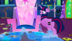 Size: 1024x576 | Tagged: safe, artist:maxressor, derpibooru import, twilight sparkle, twilight sparkle (alicorn), alicorn, book, canterlot, crystal, equal cutie mark, harp, map, mosaic, musical instrument, sad, throne, twilight's castle