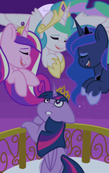 Size: 728x1153 | Tagged: safe, artist:eivilpotter, derpibooru import, princess cadance, princess celestia, princess luna, twilight sparkle, twilight sparkle (alicorn), alicorn, pony, balcony, female, mare, princess, starry background