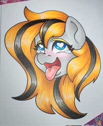 Size: 1677x2048 | Tagged: safe, artist:inkkeystudios, derpibooru import, oc, oc only, ahegao, bust, eyes, eyes rolling back, female, heart, heart eyes, open mouth, open smile, photo, portrait, smiling, solo, teary eyes, tongue, tongue out, traditional art, wingding eyes