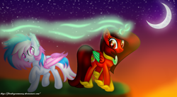 Size: 1432x782 | Tagged: safe, artist:firedragonmoon15, derpibooru import, oc, oc:phoenix scarletruby, alicorn, bat pony, pony, blue mane, blue tail, brown mane, brown tail, cliff, colored wings, crescent moon, cutie mark, glowing, glowing horn, hoof shoes, horn, jewelry, looking at each other, looking at someone, magic, mint wings, moon, multicolored mane, multicolored tail, necklace, night, night sky, pink eyes, pink mane, pink tail, pink wings, raised hoof, raised leg, red coat, red wings, sky, tail, two toned wings, white fur, white mane, white tail, wings