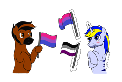 Size: 2841x1925 | Tagged: safe, artist:xyclone, derpibooru import, oc, oc only, oc:velocity, oc:xyclone, earth pony, pony, unicorn, asexual pride flag, belly button, bisexual pride flag, blushing, freckles, glasses, male, pride, pride flag, simple background, transparent background