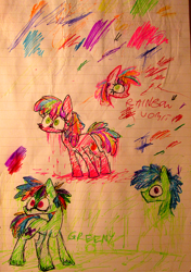 Size: 504x717 | Tagged: safe, artist:artflicker, derpibooru import, oc, oc only, oc:greeny, oc:rainbow vomit, earth pony, pony, duo, female, lined paper, male, mare, stallion, traditional art