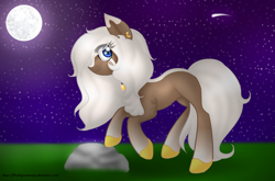 Size: 1554x1026 | Tagged: safe, artist:firedragonmoon15, derpibooru import, earth pony, pony, ear piercing, full moon, looking at you, moon, night, night sky, piercing, raised hoof, raised leg, rock, shooting star, sky, smiling, tail, white mane, white tail