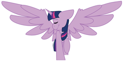 Size: 2472x1244 | Tagged: safe, artist:eivilpotter, derpibooru import, twilight sparkle, twilight sparkle (alicorn), alicorn, eyes closed, head turn, raised hoof, raised leg, simple background, smiling, smirk, solo, spread wings, wings