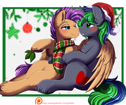 Size: 2746x2284 | Tagged: safe, artist:pridark, derpibooru import, oc, oc only, oc:bulwark, oc:sparky starfall, pegasus, unicorn, blushing, christmas, holiday, hug, wholesome, winghug, wings