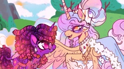 Size: 540x303 | Tagged: safe, alternate version, artist:rareapples, derpibooru import, princess celestia, twilight sparkle, twilight sparkle (alicorn), alicorn, g4, 2d, colored, digital art, female, glasses, horn, looking at each other, looking at someone, mare, redesign, smiling, smiling at each other, sparkles, wings