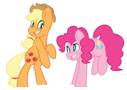 Size: 1065x750 | Tagged: safe, artist:eivilpotter, derpibooru import, applejack, pinkie pie, earth pony, pony, duo, female, grin, hopping, looking at each other, looking at someone, mare, rearing, simple background, smiling