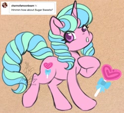 Size: 498x453 | Tagged: safe, artist:inkkeystudios, derpibooru import, oc, oc only, oc:sugar sweets, pony, unicorn, eye clipping through hair, heart, heart eyes, looking at you, solo, sucker, wingding eyes